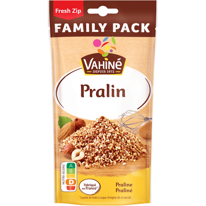 Un paquet de Vahiné Pralin Family Pack, présentant le produit et ses ingrédients.