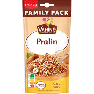 Un paquet de Vahiné Pralin Family Pack, présentant le produit et ses ingrédients.