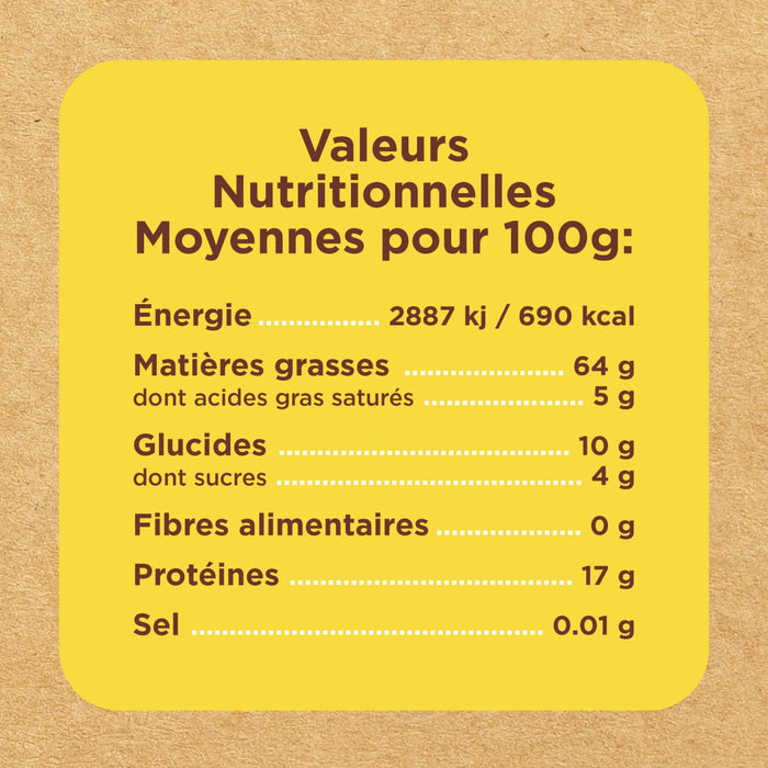 Étiquette d'information nutritionnelle indiquant les valeurs nutritionnelles moyennes pour 100g.