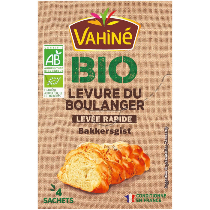 Paquet de levure de boulangerie VahinAC BIO avec une image de pain cuit.