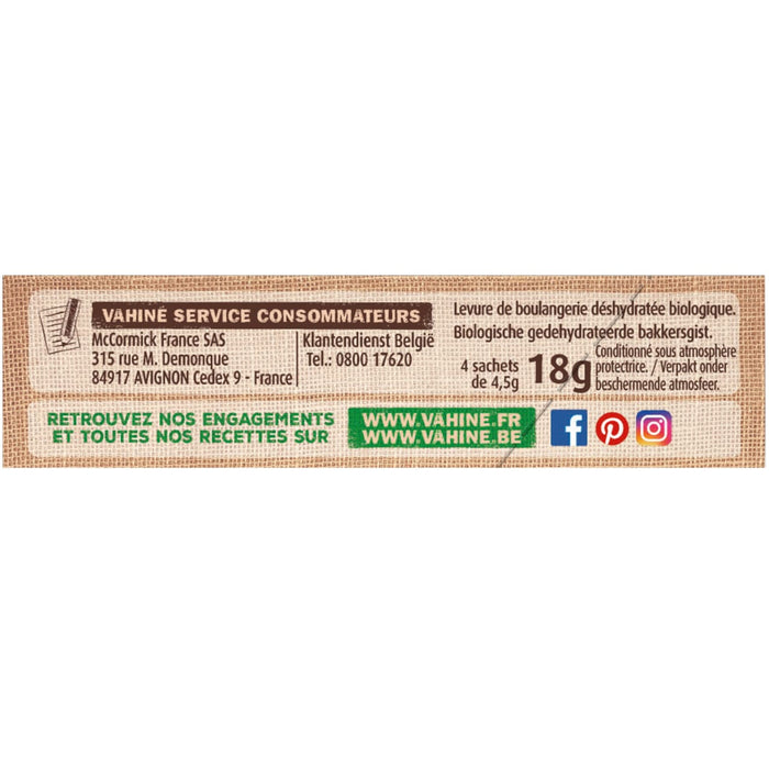 Cette image prACsente les informations nutritionnelles et les coordonnACes d'un produit alimentaire, y compris son site web et ses liens vers les rACseaux sociaux.