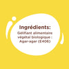 L'image affiche la liste des ingrédients d'un produit, soulignant qu'il contient de l'agar-agar (E406) biologique d'origine végétale comme agent gélifiant.