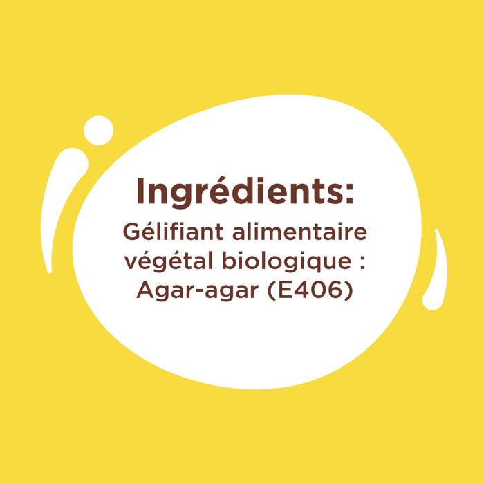 L'image affiche la liste des ingrédients d'un produit, soulignant qu'il contient de l'agar-agar (E406) biologique d'origine végétale comme agent gélifiant.