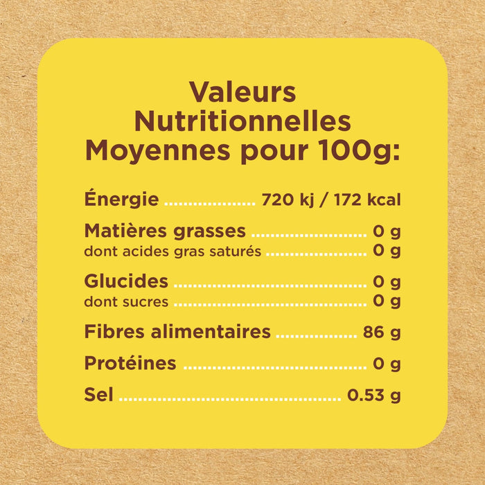 L'image montre un tableau des valeurs nutritionnelles moyennes pour 100g, incluant l'énergie, les matières grasses, les glucides, les fibres alimentaires, les protéines et le sel.