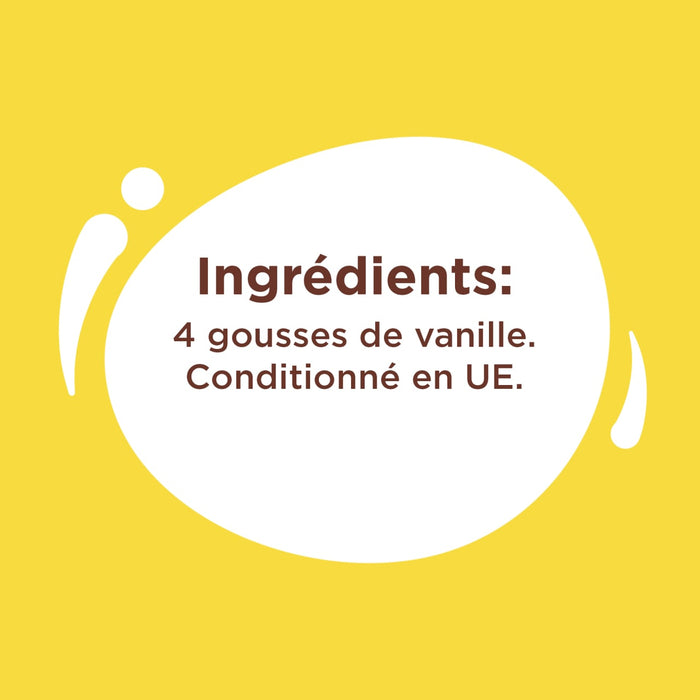 L'image affiche une liste d'ingrédients, en particulier 4 gousses de vanille, sur un fond jaune.