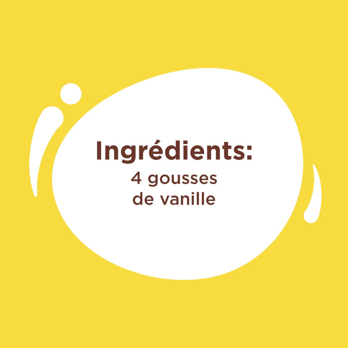 L'image affiche une liste d'ingrACdients, en particulier 4 gousses de vanille, sur un fond jaune.