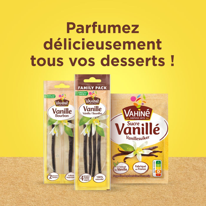 L'image prACsente les produits de vanille Meuse, soulignant leur utilisation pour aromatiser les desserts.