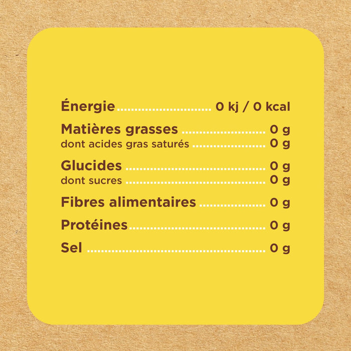 L'image montre un tableau des valeurs nutritionnelles avec des valeurs nulles pour l'énergie, les matières grasses, les glucides, les fibres, les protéines et le sel.