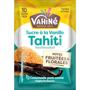 Un paquet de Sucre A? la Vanille Tahiti de VahinAC, mettant en ACvidence ses notes fruitACes et florales.