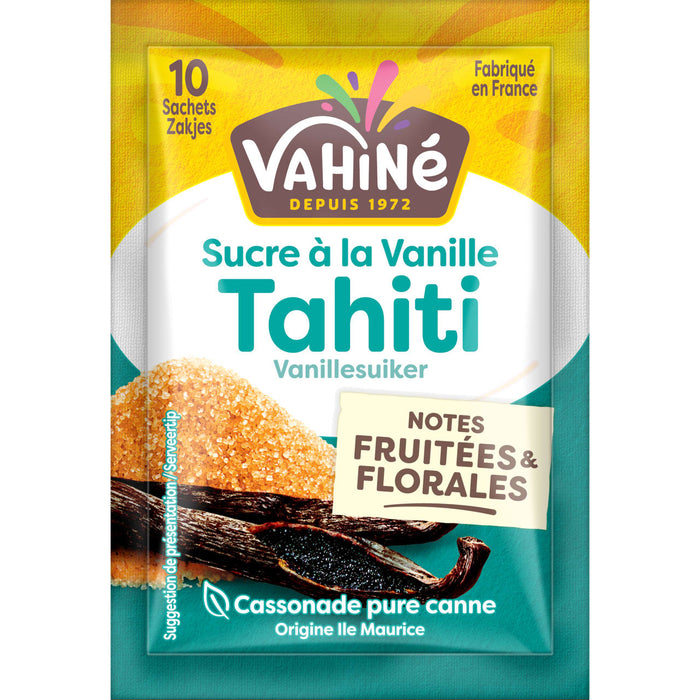 Un paquet de Sucre A? la Vanille Tahiti de VahinAC, mettant en ACvidence ses notes fruitACes et florales.