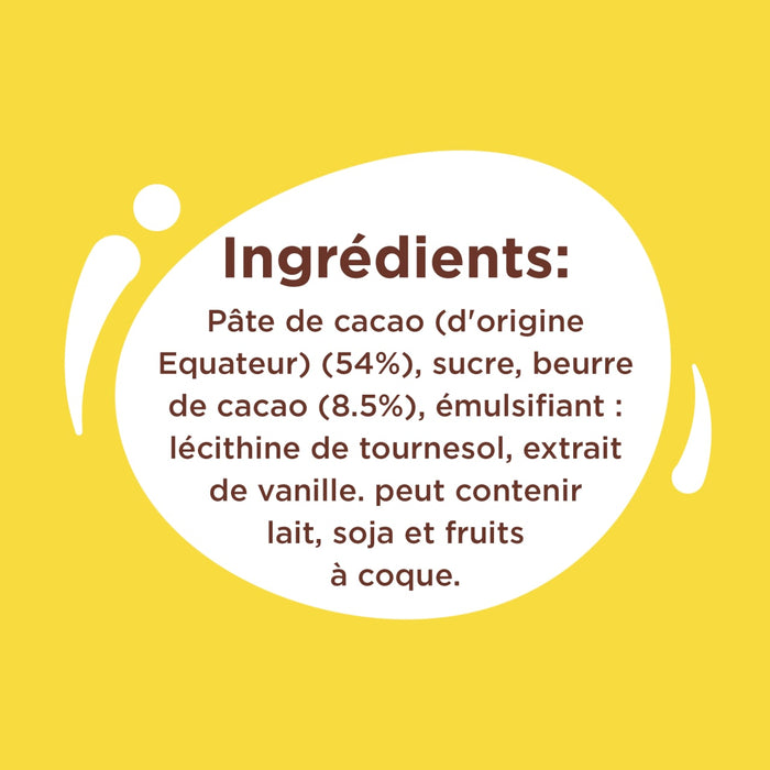 L'image montre la liste des ingrédients d'un produit chocolaté, notamment la pâte de cacao, le sucre, le beurre de cacao, la lécithine de tournesol, l'extrait de vanille et les allergènes potentiels comme le lait, le soja et les fruits à coque.