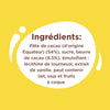 L'image montre la liste des ingrédients d'un produit chocolaté, notamment la pâte de cacao, le sucre, le beurre de cacao, la lécithine de tournesol, l'extrait de vanille et les allergènes potentiels comme le lait, le soja et les fruits à coque.