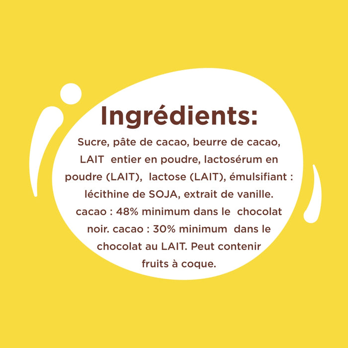 L'image énumère les ingrédients d'un produit chocolaté, notamment le sucre, la pâte de cacao, le beurre de cacao, le lait en poudre, le lactose, la lécithine et l'extrait de vanille, avec des détails sur la teneur en cacao pour le chocolat noir et au lait.