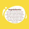 L'image énumère les ingrédients d'un produit chocolaté, notamment le sucre, la pâte de cacao, le beurre de cacao, le lait en poudre, le lactose, la lécithine et l'extrait de vanille, avec des détails sur la teneur en cacao pour le chocolat noir et au lait.