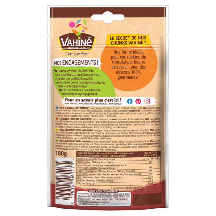 Dos du sachet de 180g de Pepites de chocolat noir Vahine presentant les valeurs nutritionnelles et les ingredients en plusieurs langues.
