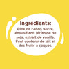 L'image montre la liste des ingrédients d'un produit alimentaire, notamment de la pâte de cacao, du sucre, de la lécithine de soja, de l'extrait de vanille et un avertissement concernant les allergènes potentiels du lait et des fruits à coque.