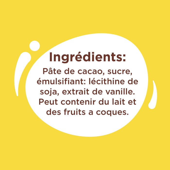 L'image montre la liste des ingrédients d'un produit alimentaire, notamment de la pâte de cacao, du sucre, de la lécithine de soja, de l'extrait de vanille et un avertissement concernant les allergènes potentiels du lait et des fruits à coque.