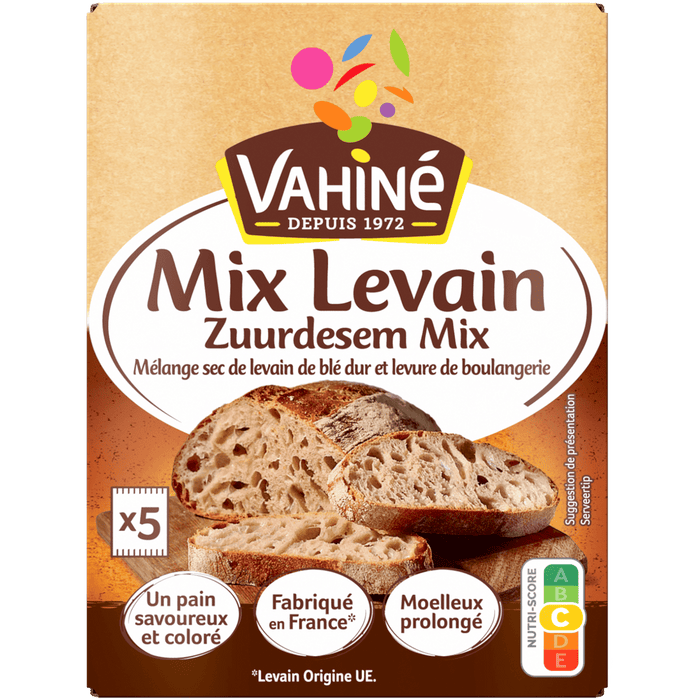 Paquet de mélange de levain Vahiné Mix Levain présentant des tranches de pain au levain.