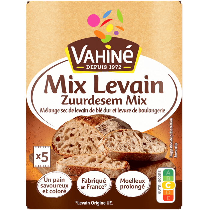 Paquet de mélange de levain Vahiné Mix Levain présentant des tranches de pain au levain.