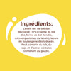 L'image présente la liste des ingrédients d'un produit alimentaire, notamment de la semoule de blé dur, de la farine de blé, des microorganismes et de la levure de boulangerie déshydratée, avec une note sur les allergènes potentiels tels que le lait, le soja et les céréales contenant du gluten.