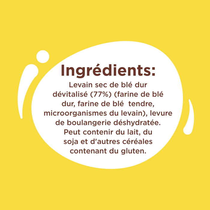 L'image présente la liste des ingrédients d'un produit alimentaire, notamment de la semoule de blé dur, de la farine de blé, des microorganismes et de la levure de boulangerie déshydratée, avec une note sur les allergènes potentiels tels que le lait, le soja et les céréales contenant du gluten.