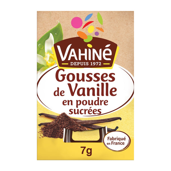 Un emballage de poudre de gousses de vanille de la marque VahinAC est prACsentAC.