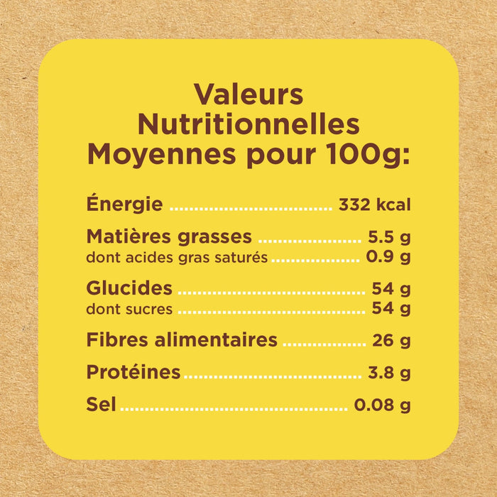 Valeurs nutritionnelles moyennes pour 100g, incluant les calories, les matières grasses, les glucides, les fibres, les protéines et le sel.