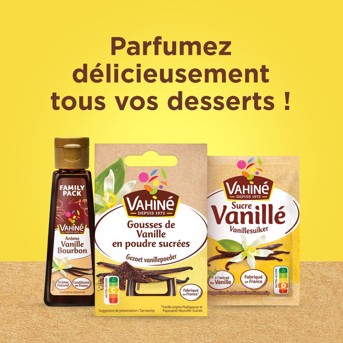 Une variACtAC de produits vanille VahinAC sont prACsentACs avec le texte Parfumez dAClicieusement tous vos desserts !