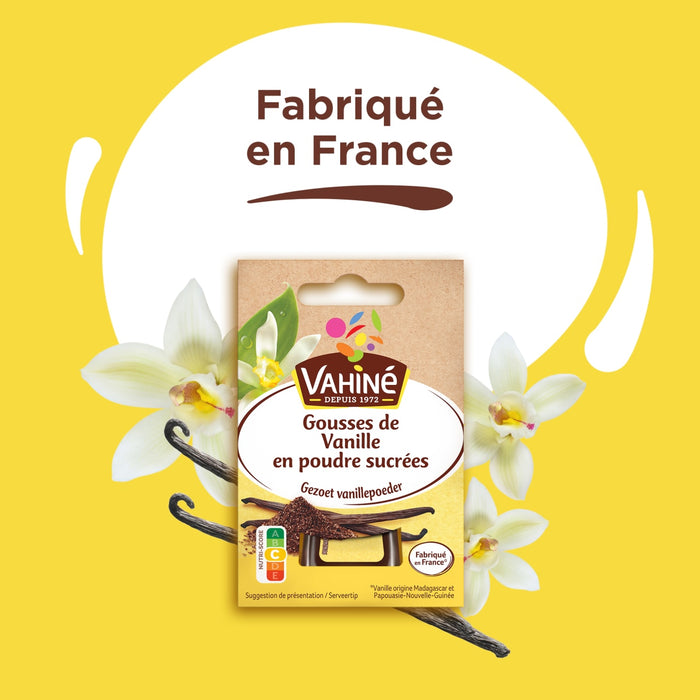 L'image prACsente l'arA?me de vanille en poudre d'Alsa, soulignant qu'il est fabriquAC en France.