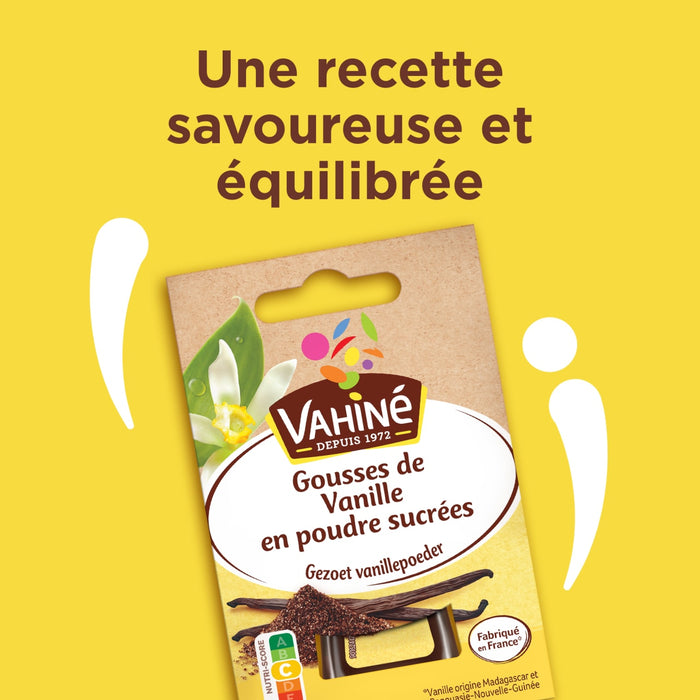 Un paquet de poudre de vanille VahinAC est prACsentAC avec le texte Une recette savoureuse et ACquilibrACe.