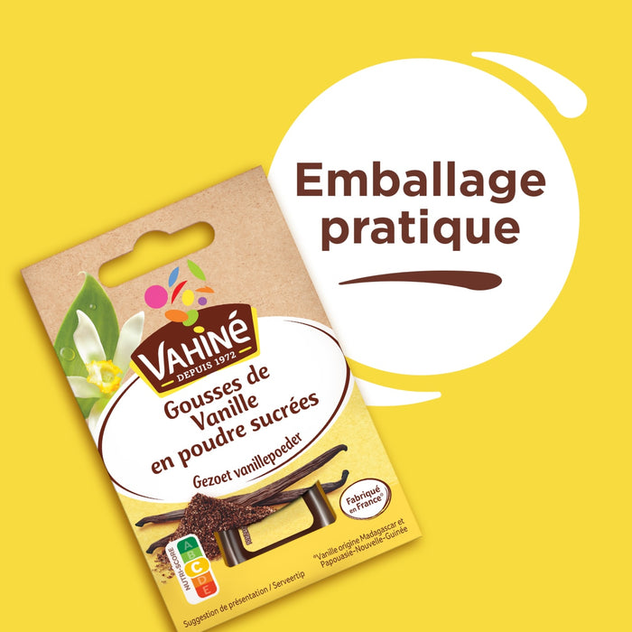 Un paquet de gousses de vanille VahinAC en sucre glace est mis en ACvidence pour son emballage pratique.