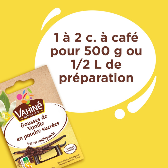 L'image montre un emballage de poudre de vanille VahinAC avec le texte 1 A? 2 c. A? cafAC pour 500 g ou 1 2 L de prACparation.