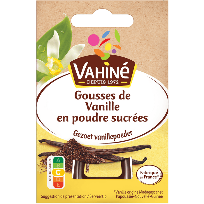 Le paquet Vahiné présente des gousses de vanille en poudre sucrées, soulignant sa saveur vanillée.