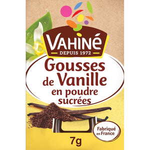 Emballage de la marque Vahiné pour gousses de vanille en poudre sucrées.