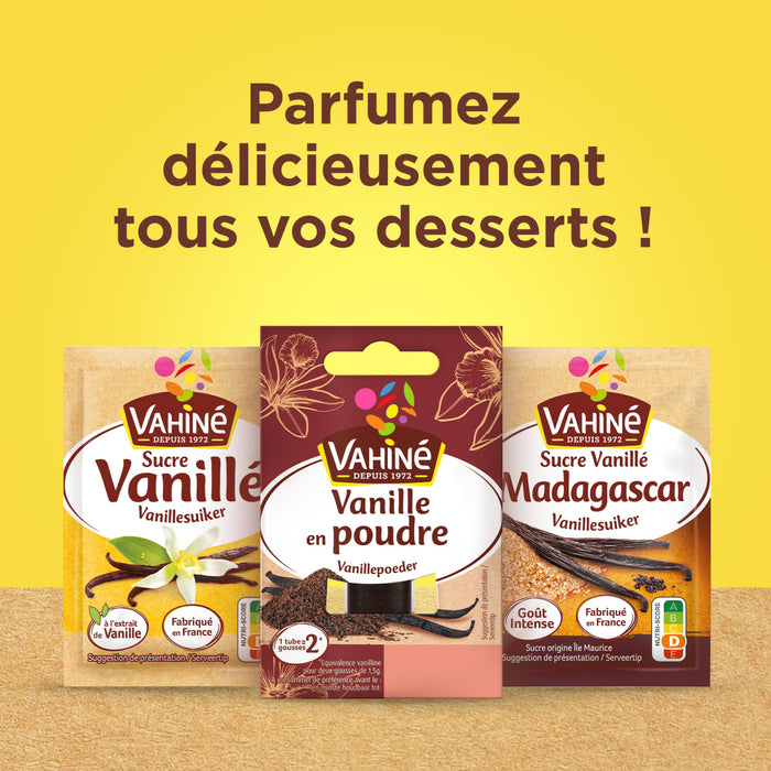 Les produits VahinAC sont prACsentACs avec le texte Parfumez dAClicieusement tous vos desserts, faisant la promotion de la vanille et de la vanille en poudre pour aromatiser les desserts.
