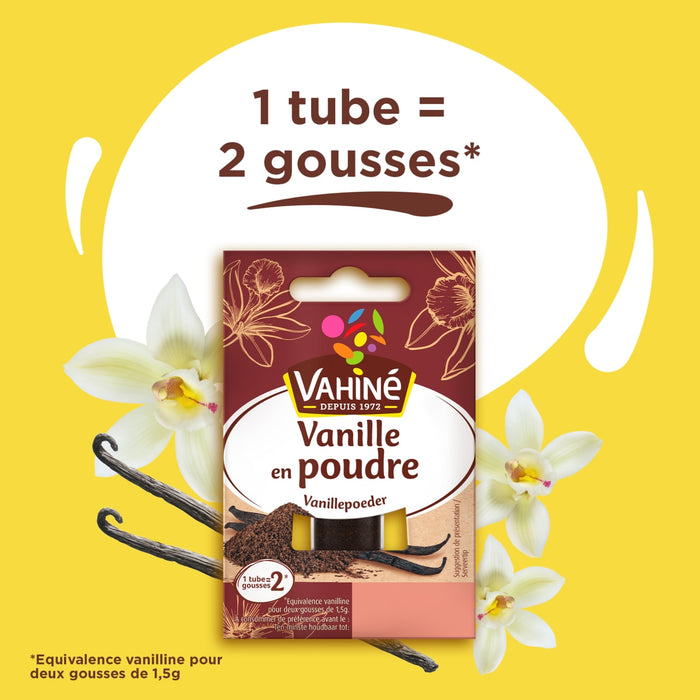 Un emballage de poudre de vanille VahinAC est prACsentAC, indiquant qu'un tube ACquivaut A? deux gousses de vanille.