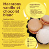 Cette image prACsente une recette de macarons vanille et chocolat blanc, incluant une liste d'ingrACdients et des instructions.