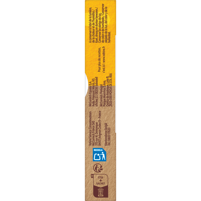 Une vue latACrale d'une boARte avec des informations sur le produit et des symboles de recyclage.