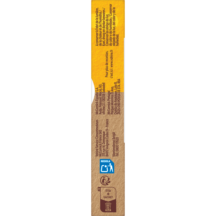 Une vue latACrale d'une boARte avec des informations sur le produit et des symboles de recyclage.