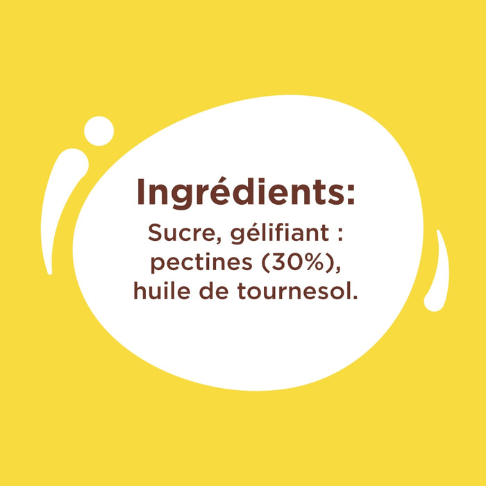 L'image montre la liste des ingrédients, qui comprend du sucre, un gélifiant pectines (30%) et de l'huile de tournesol.