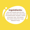 L'image montre la liste des ingrédients d'un produit alimentaire, comprenant du sucre, du lait en poudre, du beurre de cacao, de la pâte de cacao, du lactose, un arôme naturel de noisette et de la lécithine de tournesol, avec un minimum de 33% de cacao, et indique qu'il peut contenir d'autres fruits à coque et est fabriqué en France.
