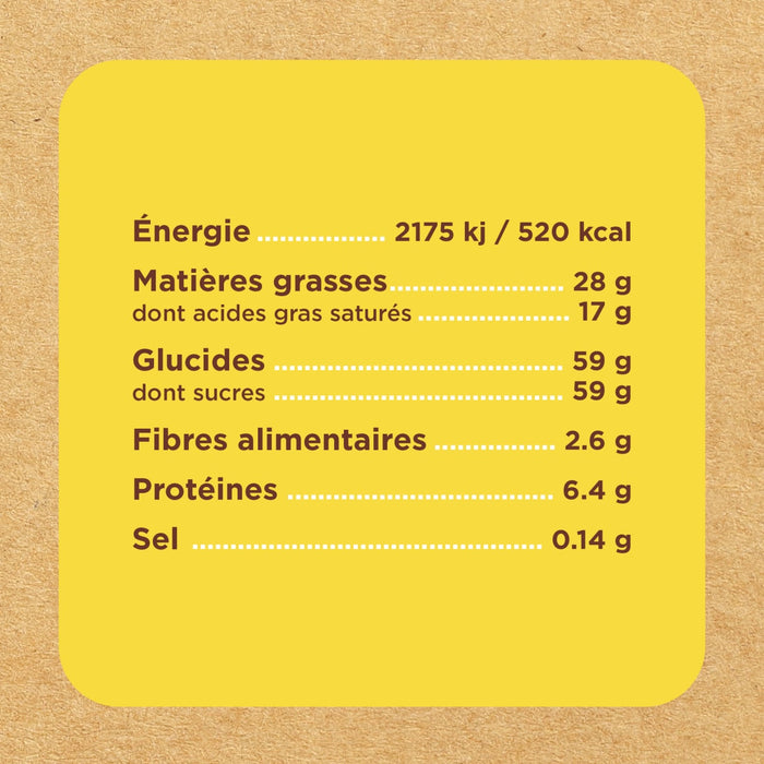 Étiquette d'information nutritionnelle indiquant la teneur en énergie, matières grasses, glucides, fibres, protéines et sel.