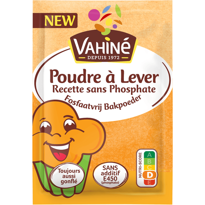 Paquet de levure chimique Vahiné Poudre à Lever avec un personnage de muffin de dessin animé et une note Nutri-Score D.