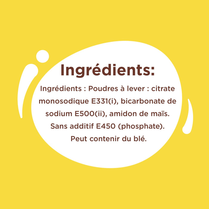 L'image montre la liste des ingrédients d'une poudre à pâte, incluant du citrate monocalcique, du bicarbonate de sodium et de l'amidon de maïs, avec une note indiquant qu'elle peut contenir du blé.