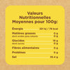 Étiquette d'information nutritionnelle indiquant les valeurs nutritionnelles moyennes pour 100g.