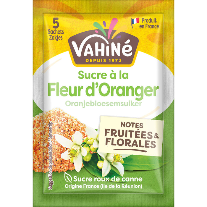 Un paquet de Vahine Et 5S. Sucre Afo X20-Va, un sucre à la fleur d'oranger de la marque Vahiné en 5 sachets, soulignant ses notes fruitées et florales et son origine de sucre roux de canne de l'île de la Réunion, France.