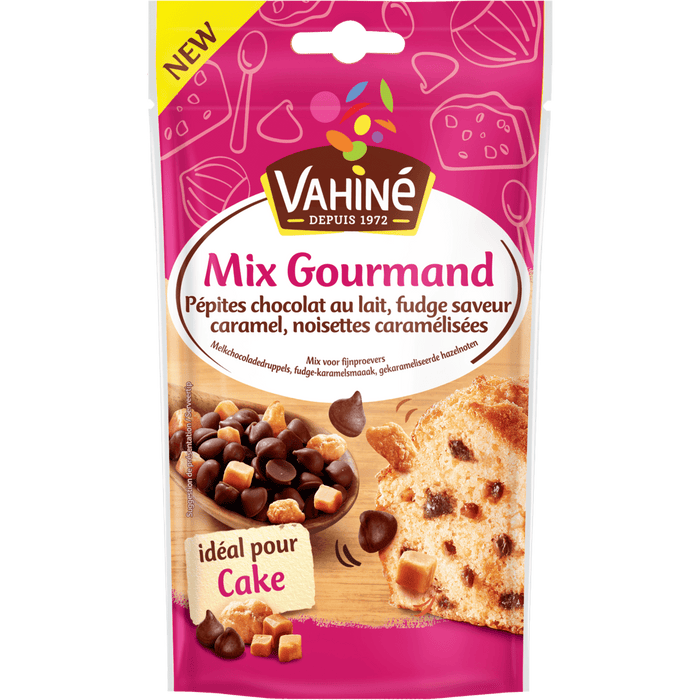 Un paquet de Vahiné Mix Gourmand, un produit McCormick pour ajouter du chocolat, du caramel et des garnitures croustillantes aux pâtisseries.