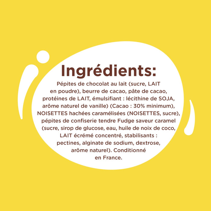 L'image affiche la liste des ingrédients d'un produit alimentaire, avec du chocolat, du lait, des noisettes et du caramel.