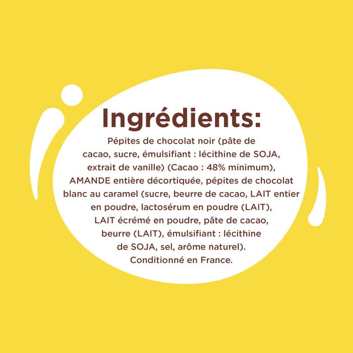 Liste des ingrédients d'un produit alimentaire, détaillant les composants tels que les pépites de chocolat noir, le sucre et le lait.