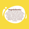 Liste des ingrédients d'un produit au chocolat blanc, comprenant beurre de cacao, lait en poudre, lactose, extrait de vanille, cranberries, huile de tournesol et noisettes.